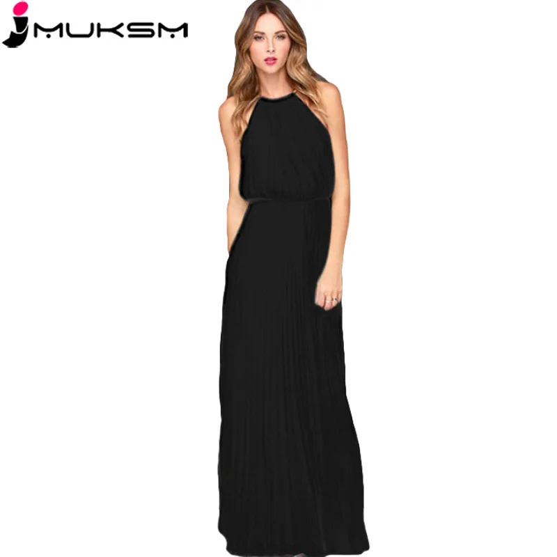 Женское шифоновое платье макси с лямкой на шее однотонное Плиссированное