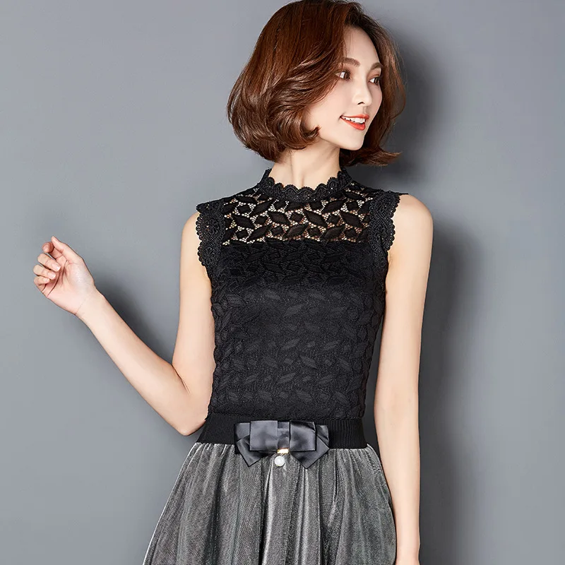 Летние кружевные майки без рукавов со стоячим воротником, женские сексуальные прозрачные кружевные майки, женские сексуальные черные красные черные кружевные топы - Цвет: Черный