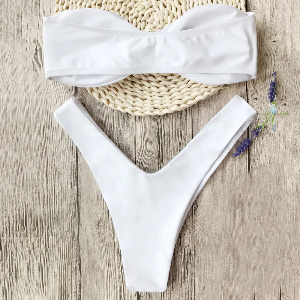 Bandeau Twist Front Thong Sexy Swimwear Bikini Set Bathing Suits Padded Women Swimsuit Beach 6 Colors |