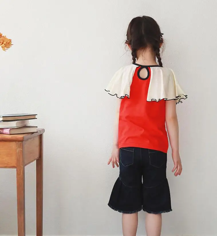 New Baby Girls Cotton Ruffles Collar Red T-shirt Princess Kids Fashion Top 5 pieces/lot Wholesale | Мать и ребенок