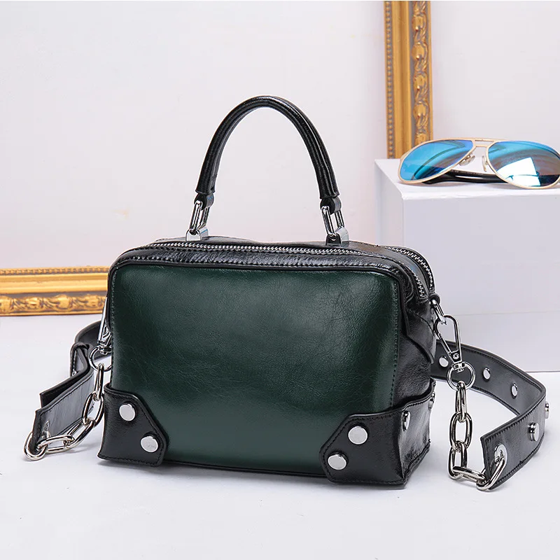 100% натуральная коровья кожа заостренные заклепки цепь сумки контрастные цвета