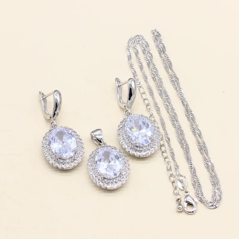 925 Silver Necklace Pendant Earrings Bracelet Bridal Jewelry Set for Women Christmas Gift Oval White Semi-Precious | Украшения и