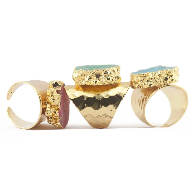 Друза модный натуральный камень розовый турмалин синий гравий женское кольцо |