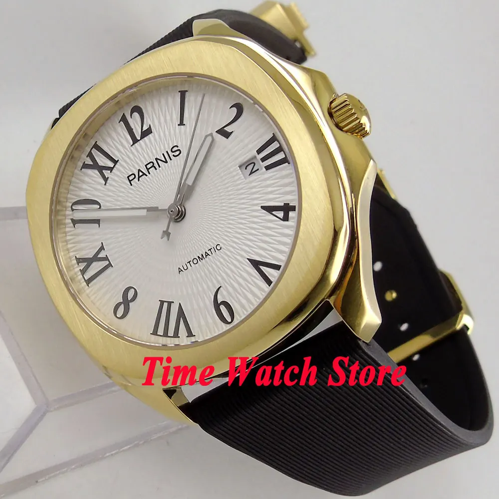Чехол Parnis мужской с квадратным циферблатом золотистый резиновый ремешок белым 21