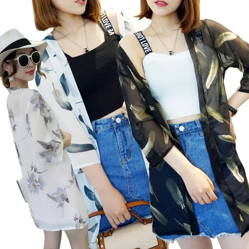 Модная женская рубашка с длинным рукавом Blusas куртка длинная свободная повседневная Sunblock укороченный шифоновый кардиган с принтом кимоно