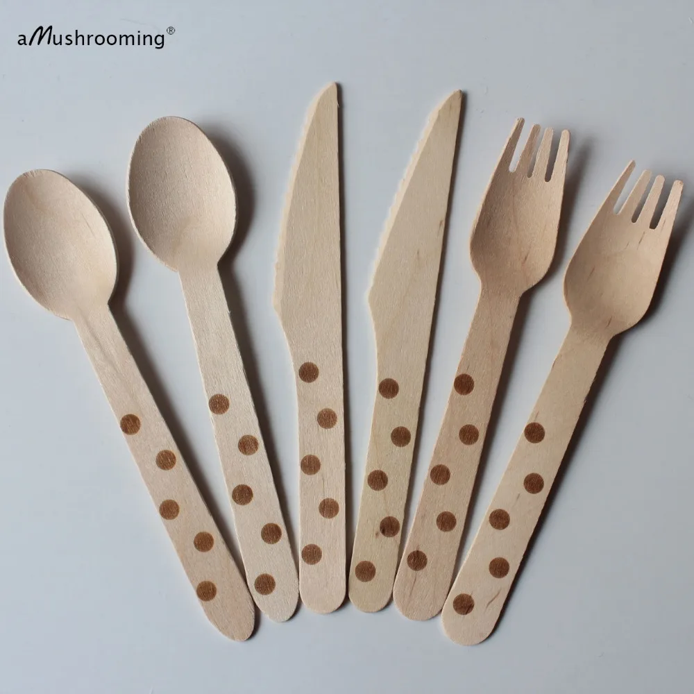 2500 золотые деревянные столовые приборы в горошек одноразовые ложки вилки ножи 6