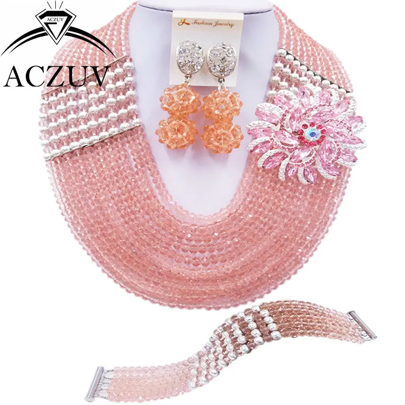 ACZUV 10 рядов персиковые африканские бусы ожерелье нигерийские Свадебные