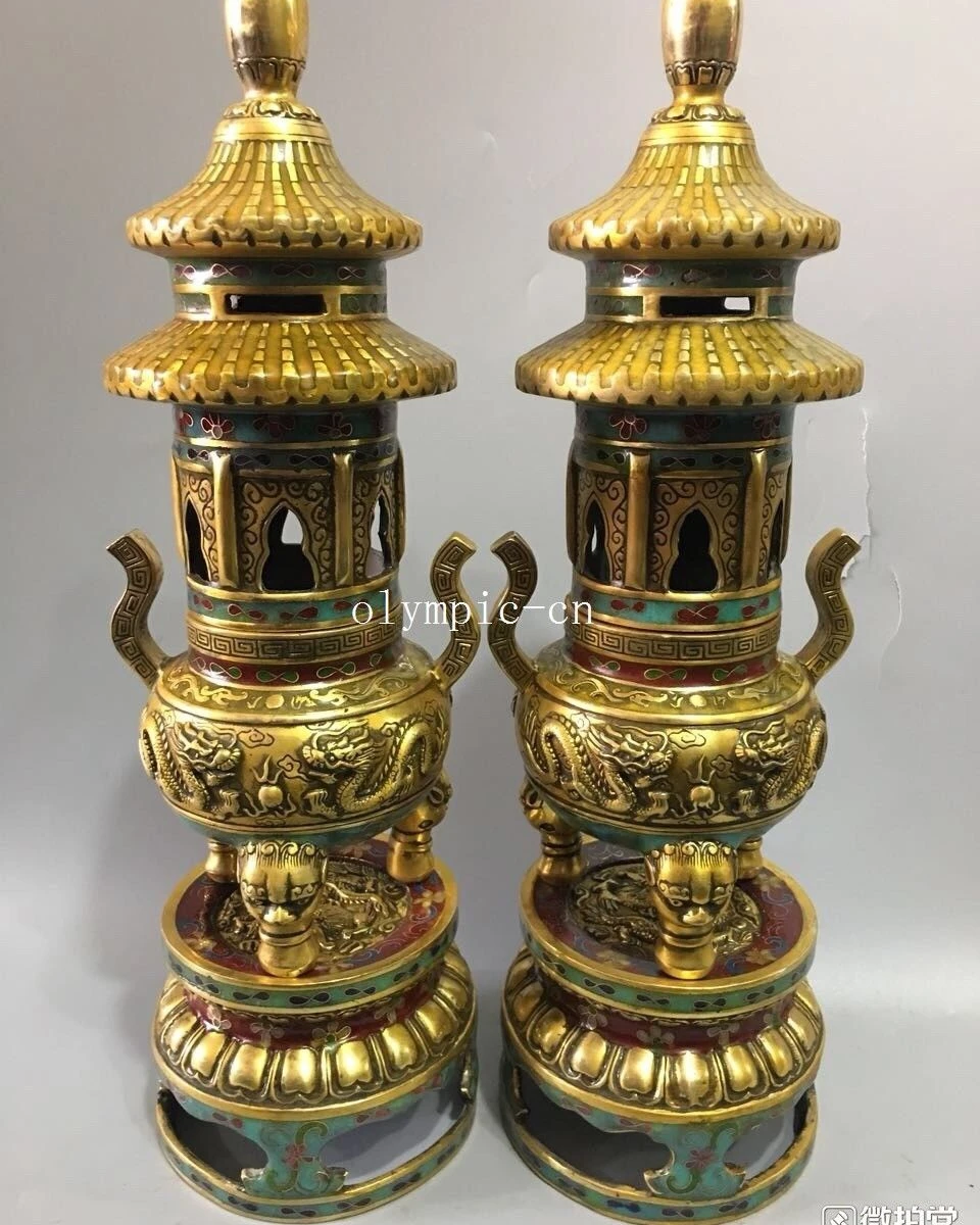 

Pair 14'' copper gold cloisonne enamel dragon pagoda incense burner statue