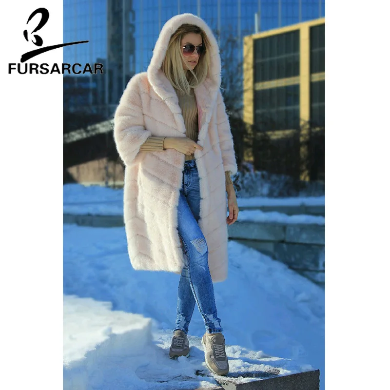 FURSARCAR настоящий мех кролика пальто женская зимняя модная теплая куртка с меховым капюшоном роскошный стиль шуба из кролика рекс
