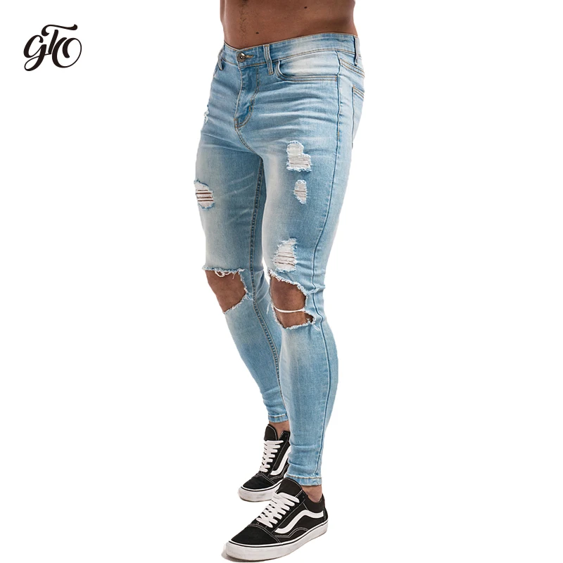 light blue Gingtto мужские обтягивающие Стрейчевые отремонтированные джинсы темно-синие хип-хоп состаренные супер обтягивающие облегающие хлопковые удобные большие размеры zm34 - Цвет: light blue