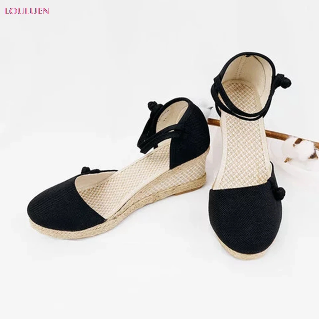 Женские парусиновые сандалии в стиле ретро повседневные туфли на танкетке с