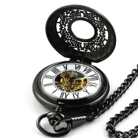 Мужские черные скелетоны античный белый циферблат полые механические карманные