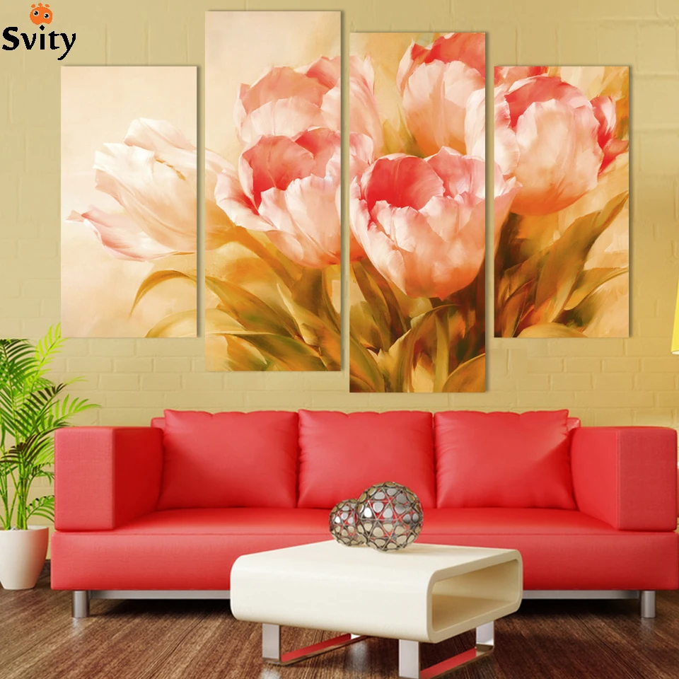 

Free Shipping 4 Panels Modern Wall Painting pink tulip flower Home Decorative oil painting Art Picture print on Canvas H099