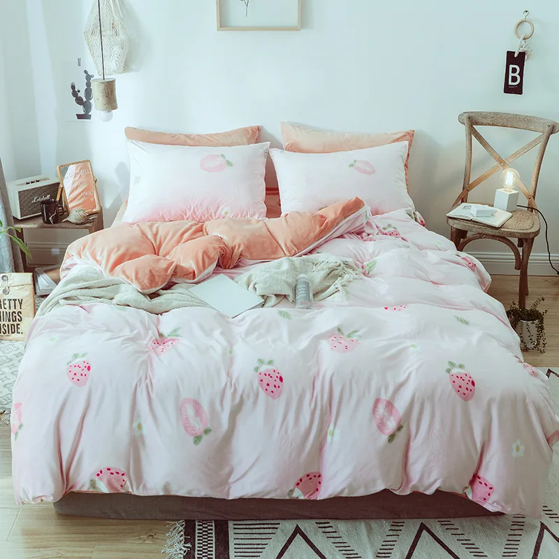 

High-end luxury soft comfortable Crystal Velvet Bedding Set 4Pcs Plant Duvet Cover Bedsheet /Bedskirt Pillowcase Lattice autumn