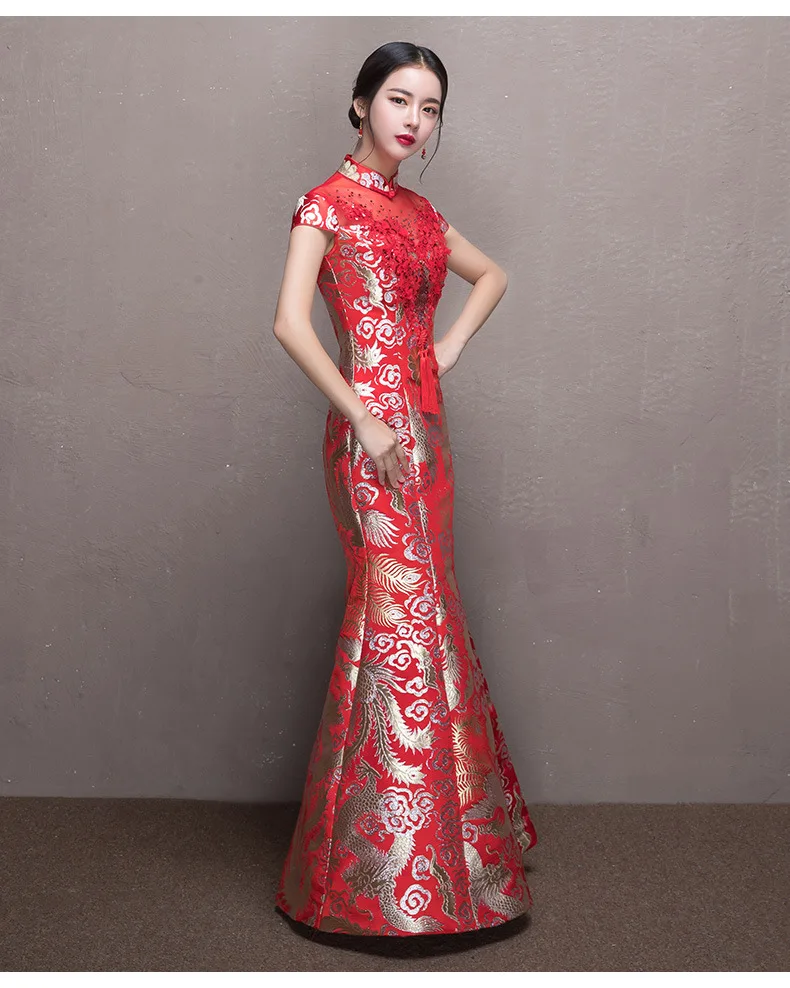 Красные модные китайский вечернее китайское платье-Ципао Oriental Стиль Русалка Cheongsam Длинные платья тонкий хост Qi Pao вечерние винтажное платье - Цвет: red