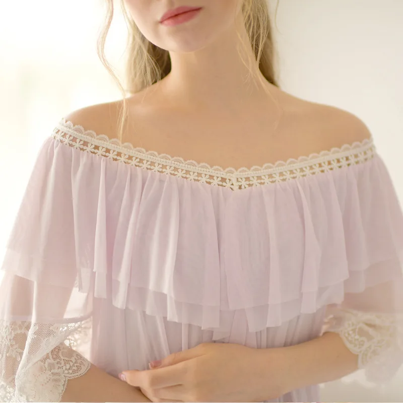 2019 New Spring Summer Women Long Sleeve Nightgown Mesh Lace Loose Dress Nightwear Nightdress Slash Neck White/Purple/Pink | Женская
