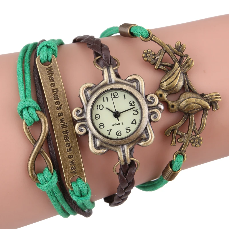 

Часы Gnova, верхняя часть из платины, браслет с птицами, ручная работа, замшевые, бронзовые, Dove, Charm, женские, для девушек, Паракорд, наручные часы A638