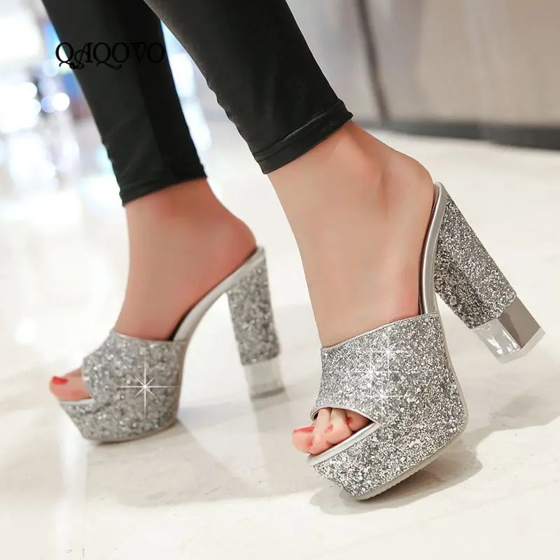 

2021 Summer Sexy Sequined Slippers Platform Super High Heels Sandals Fashion Women Shoes Gold Silver Black White