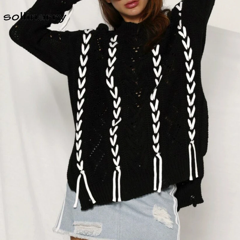 Sollinarry Oversize Harajuku Пуловеры для женщин свитер кружево Up выдалбливают Белый свитеры