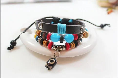Модный Красочный кожаный браслет B630 с синим котом камнем и бусинами на удачу|leather