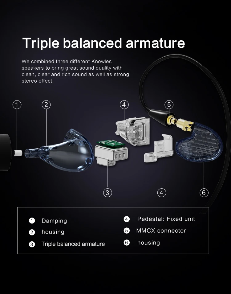 Наушники AUDIOSENSE T300 3 Knowles с сбалансированным арматурным драйвером, гибридные наушники-вкладыши, Hifi музыкальный монитор, студийные наушники с MMCX Detchable