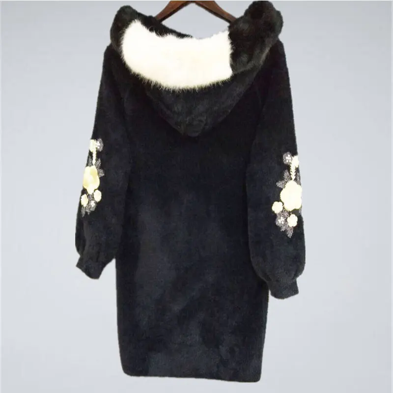 black Flower fur Модный толстый теплый вязаный кардиган из искусственной норки, пальто с капюшоном и вышивкой лебедя, Длинная женская куртка, осенне-зимняя ветровка - Цвет: black Flower fur