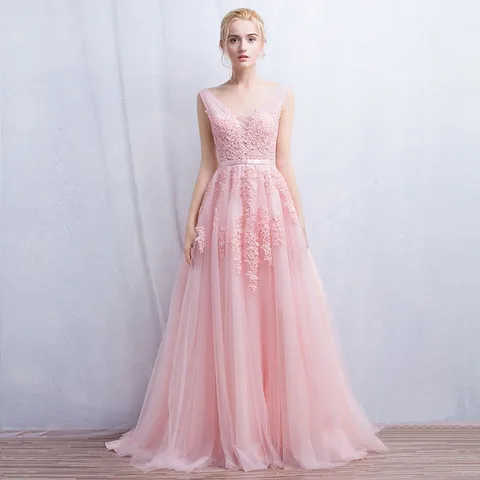 Женское вечернее платье с кружевной аппликацией, длинное вечернее платье из тюля розового, темно-синего цвета с V-образным вырезом, 2020