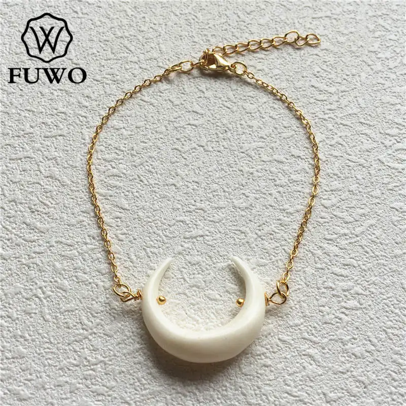 

FUWO Fashion Half Moon Bone Bracelet With 24K Gold Filled Brass Chain Genuine Double Horn Crescent Boho Jewelry Wholesale BR507