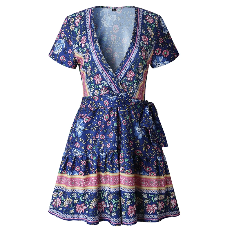 

Boho Chic Summer Vintage Floral Print Mini Dress Women 2020 Fashion Short Sleeve V Neck Beach Dresses Femme Vestidos