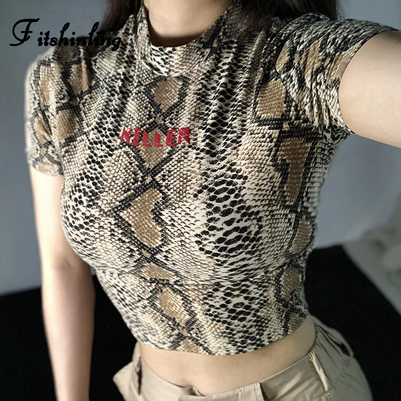 Fitshinling змеиный принт harajuku женская футболка укороченный Топ Мода Тонкий 2019