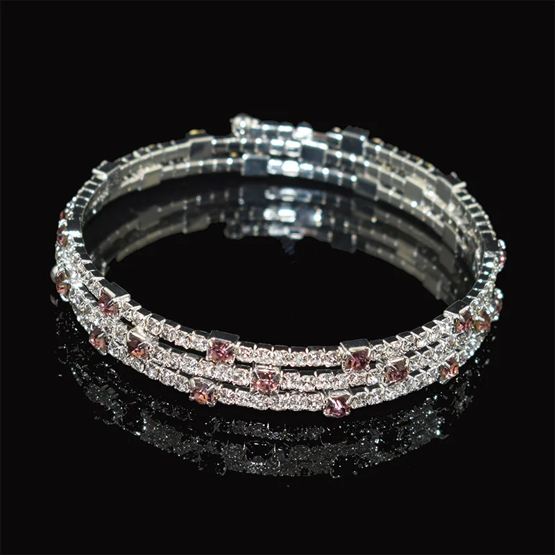 Dark pink Роскошный 7 цветов Кристальный браслет женский золотой/серебряный браслет невесты Стразы растягивающийся браслет вечерние подружки невесты подарок ювелирные изделия - Окраска металла: Dark pink