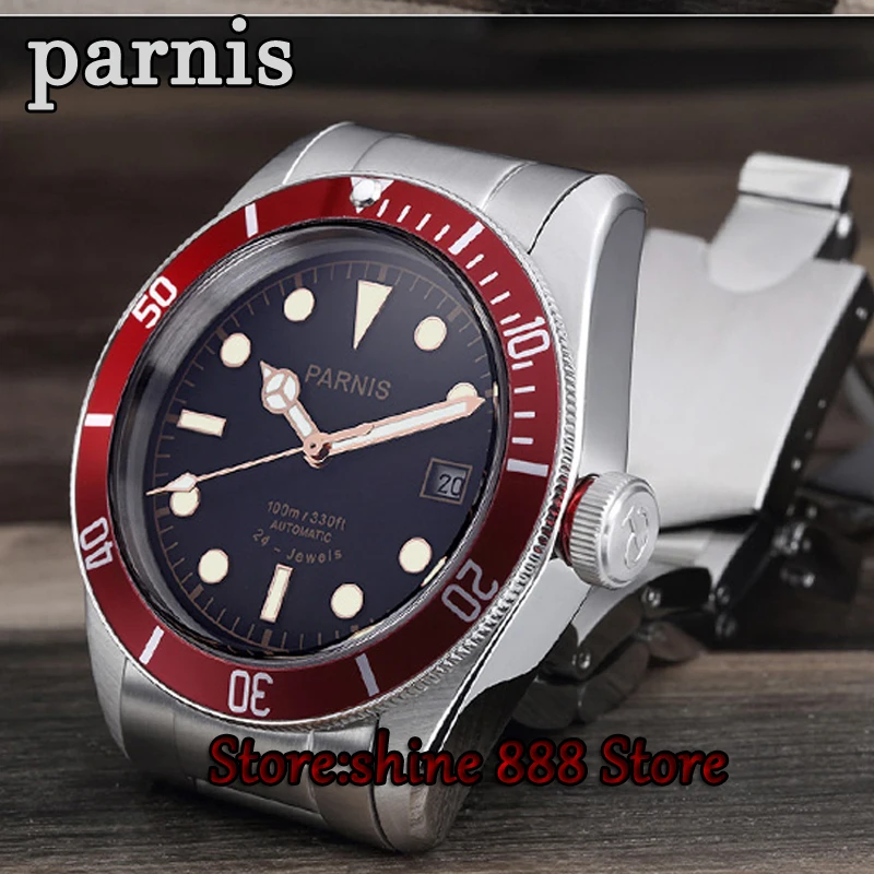 41 мм Parnis автоматические часы Для мужчин полный Нержавеющая сталь световой авто