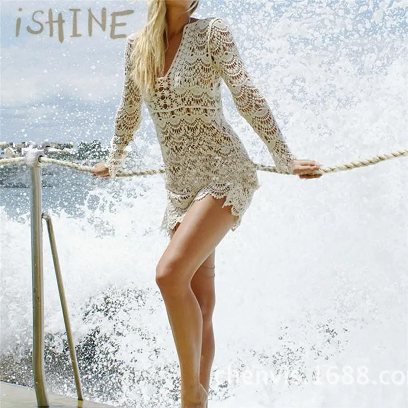 ISHINE Женская пляжная блузка накидка открытая трикотажная рубашка летняя вязанная