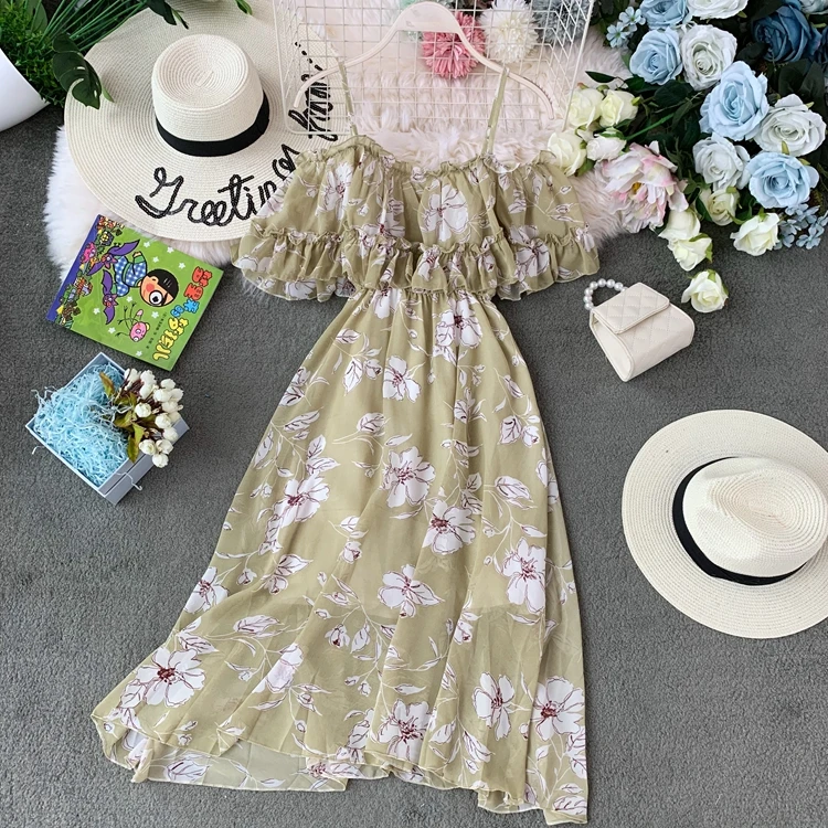 Ailegogo New Women Holiday Beach Chiffon Long Dress Spaghetti Ruffles Female Floral Print Midi Dresses Ladies Backless Vestidos | Женская