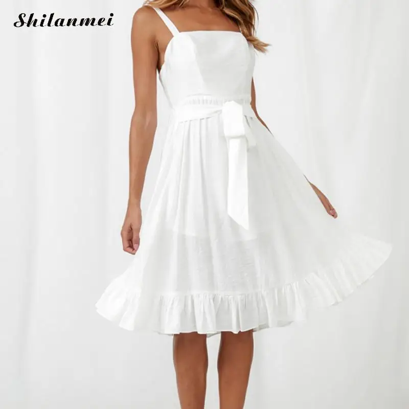 Женское платье на бретельках пляжный сарафан с открытой спиной и бантом поясе