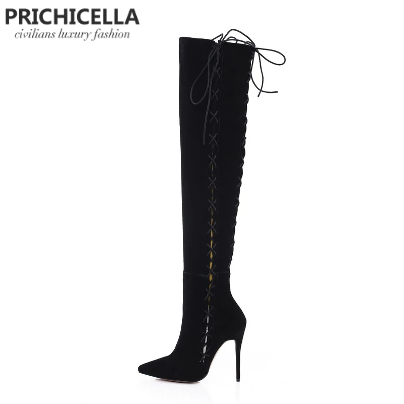 PRICHICELLA/красные сапоги до бедра из натуральной кожи на шнуровке сбоку; пикантные осенне-зимние высокие сапоги на шпильках