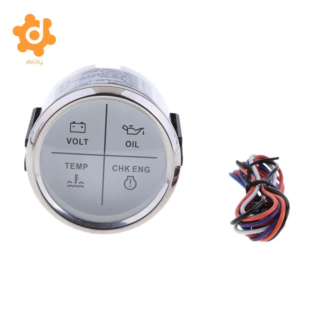 2&quot 52mm 4 LED Alarm Gauge VOLT OIL TEMP CHK ENG Indicator White Chrome | Автомобили и мотоциклы