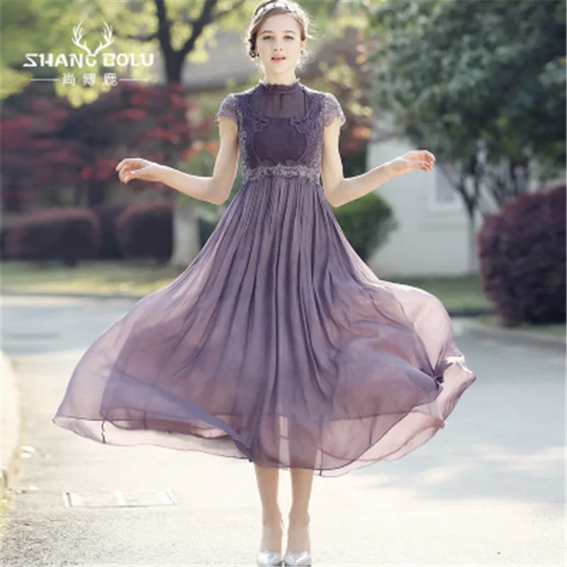 Vestidos шифоновое платье летнее Новое Женское темпераментное вечернее платье шифоновое длинное кружевное ажурное женское длинное платье vestido