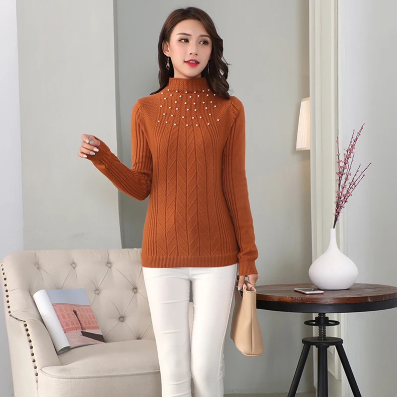 Autumn Winter Women Knitted Sweater 2018 Fashion Beading Wild Long-sleeved Half-high Collar Slim Knit Pullover Sweaters | Женская одежда