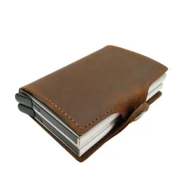 brown double wallet Винтажный держатель для карт из натуральной кожи Rfid блокирующий Кошелек Алюминиевый унисекс Crazy Horse кожаный двойной металлический кредитный держатель для карт s - Цвет: brown double wallet