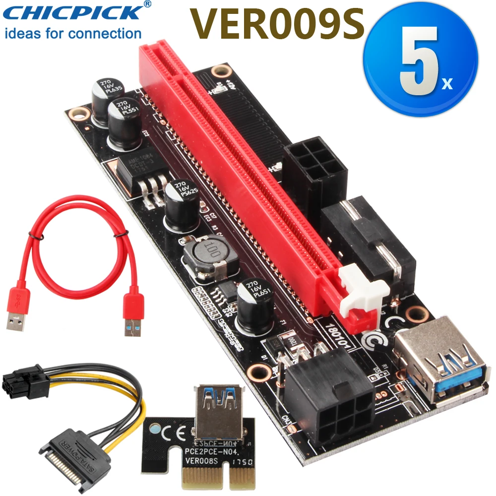 5 упак. CHICPICK VER009S Pcie Express 1X к 16X адаптер Riser Card Dual 6 Pin USB 3 0 кабель для ETH BTC GPU Blockchain