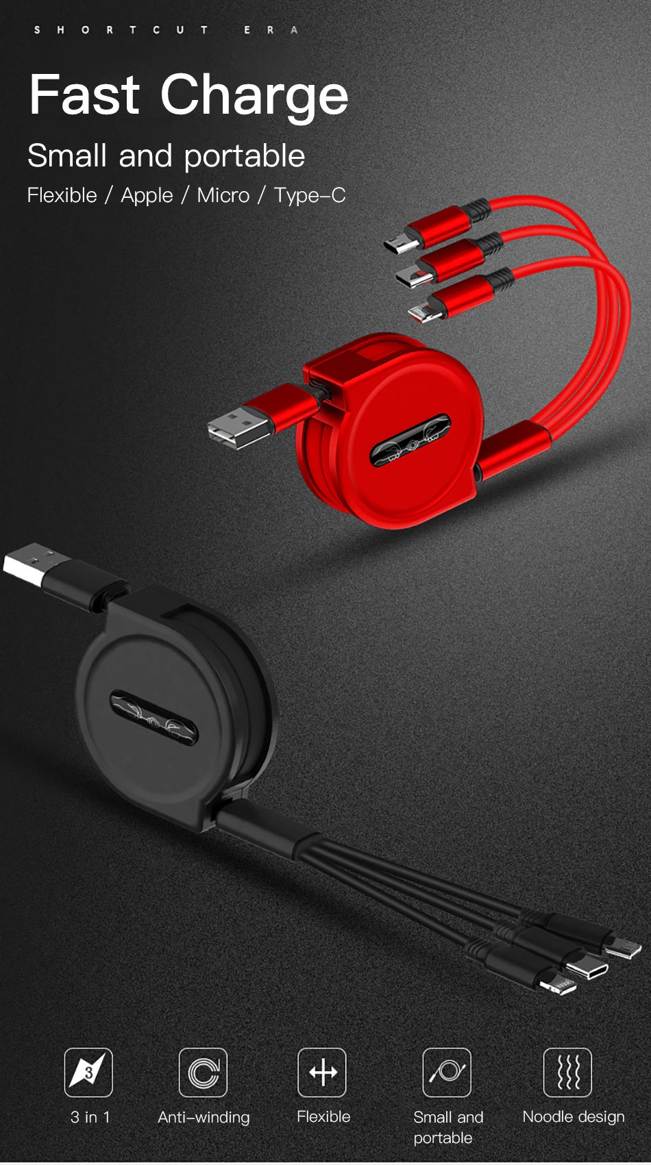 ACCEZZ 3A 3 в 1 USB Выдвижной кабель для быстрой зарядки для iPhone 8 XS Micro usb type C для samsung Xiaomi huawei телефонный шнур 1,2 м