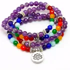 Женский браслет Mala 7 6 мм с бусинами, высококачественный браслет с натуральным фиолетовым кристаллом для йоги или ожерелья, модные ювелирные украшения в виде лотоса