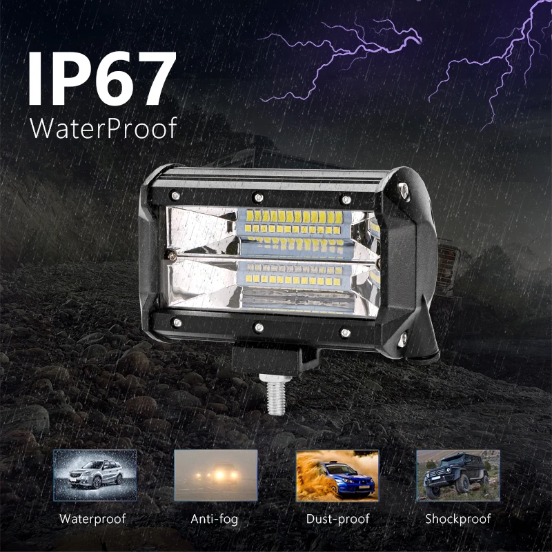 Jansite 5 inches LED Light SUV IP67 Waterproof Car Off-road Work lights Double Row 72W Flood beam for Boat Motorcycle Excavator |