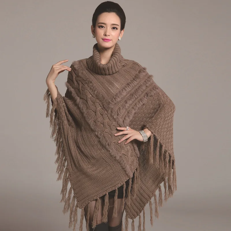 SC52 2018 Autumn Winter High Neck Loose Faux Rabbit Fur Knitted Tassel Poncho Women Black Patchwork Square Coat |