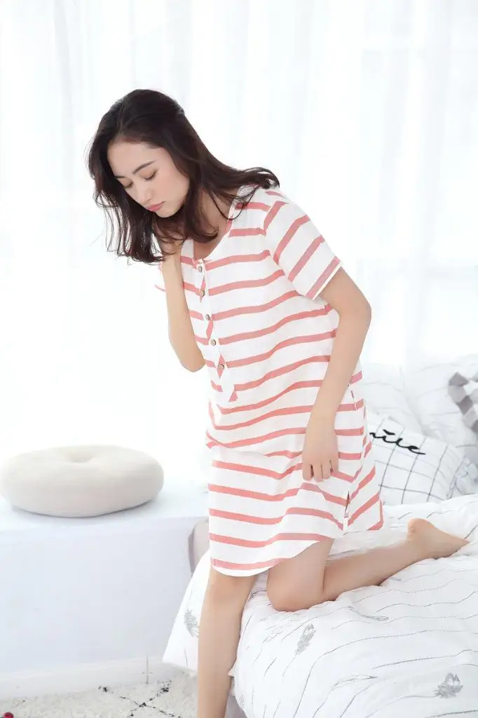 Женская летняя хлопковая Ночная рубашка в полоску, Милая Ночная рубашка с коротким рукавом, Повседневная Ночная рубашка с круглым вырезом, Мини Ночная рубашка, M L - Цвет: Pink