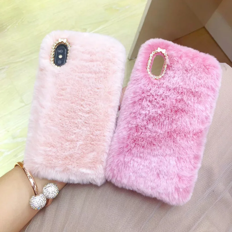 Luxury Rabbit Fur Case for iPhone XS Max XR Bling Diamond Soft Furry Plush Girly Cover 8 7 6 6S Plus Winter Warm |