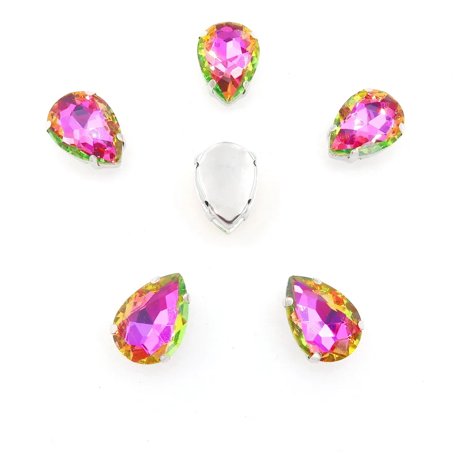 A6 Fuchsia rainbow Серебряный коготь настройки радуга и желе AB стекло кристалл 7*10 10*14 13*18 мм форма капли пришить стразы для одежды diy обрезки - Цвет: A6 Fuchsia rainbow
