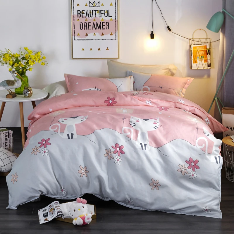 Cartoon Cute Kitten Pattern Bedding Sets Set Polyester Fabric Reactive Printing Hot Sale Comforter Bed Queen Size 3/4Pcs | Дом и сад