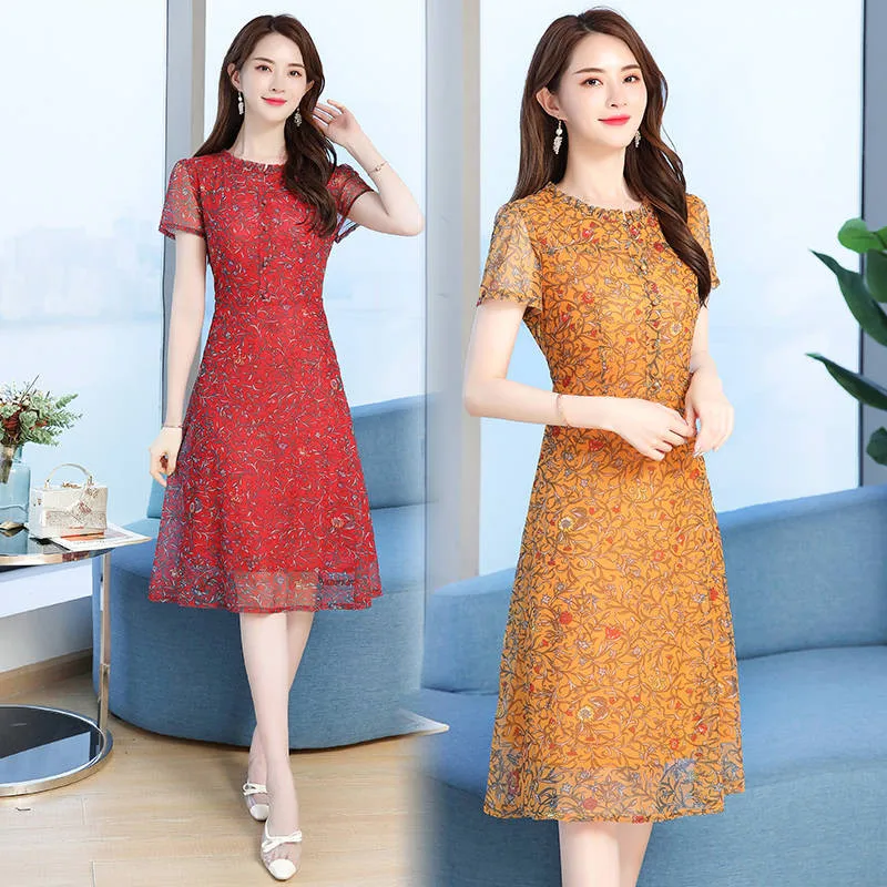Women Summer Vintage Dress Elegant Floral Printed A-line Mom's Large size Female Chiffon Slim fit Short sleeve Dresses | Женская